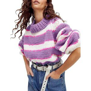 Women's Stripe Pullover Sweater Turtleneck Ribbed Top Chunky Knitwear Purple